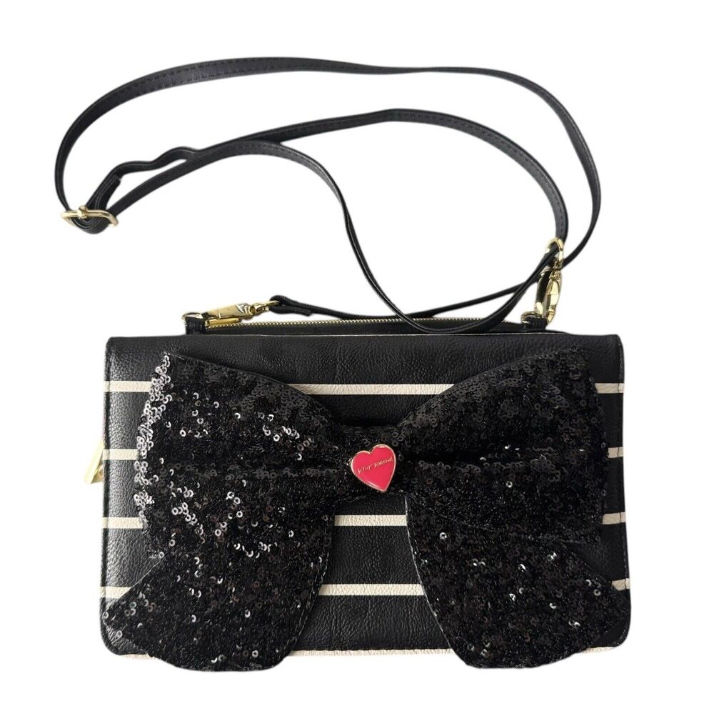 Betsey Johnson Black Sequin Bow Crossbody Bag Stripe Y2K Coquette Retro Glam